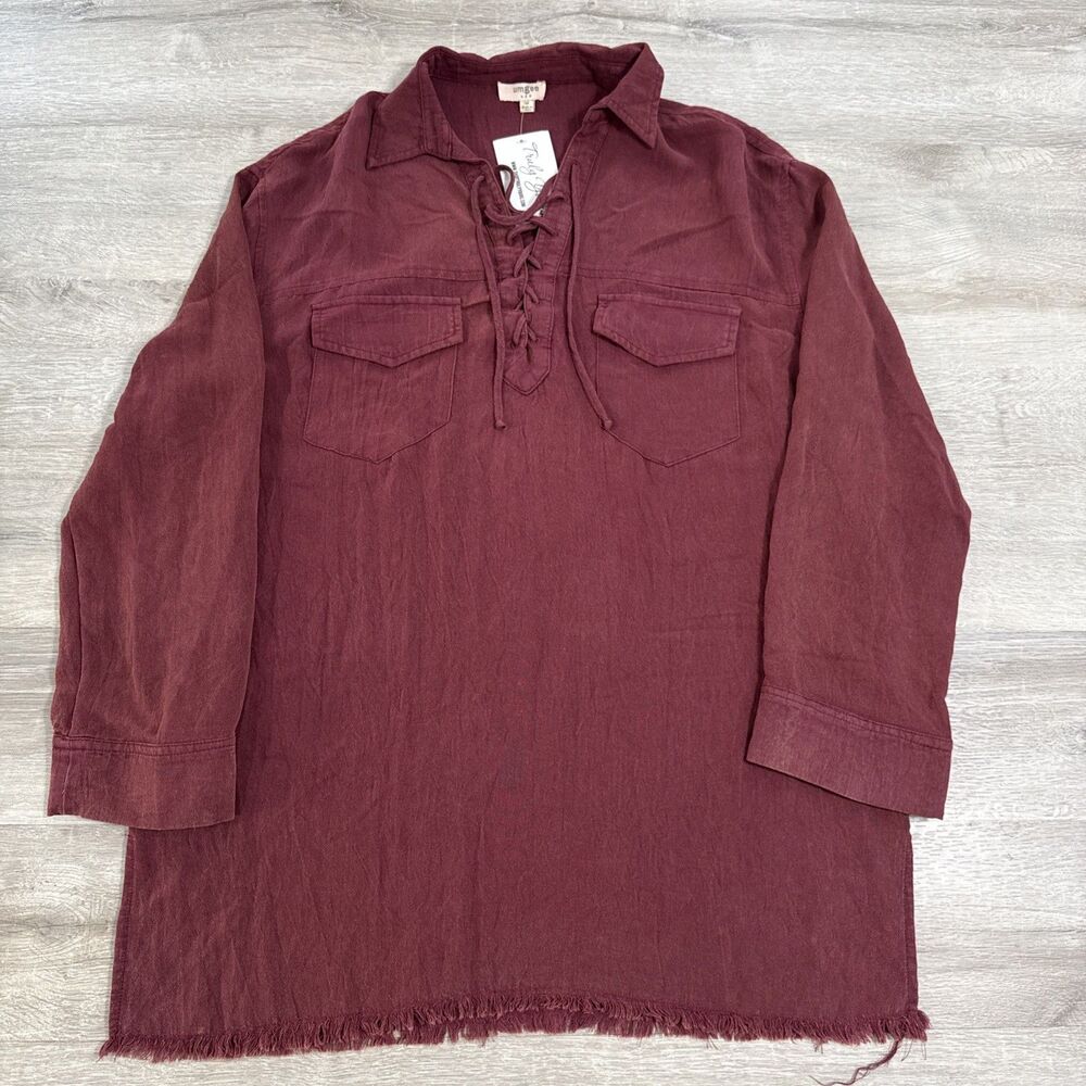 Umgee Blouse Lace Up Long Sleeve Pocket Fringe Hem Women’s Medium Burgundy